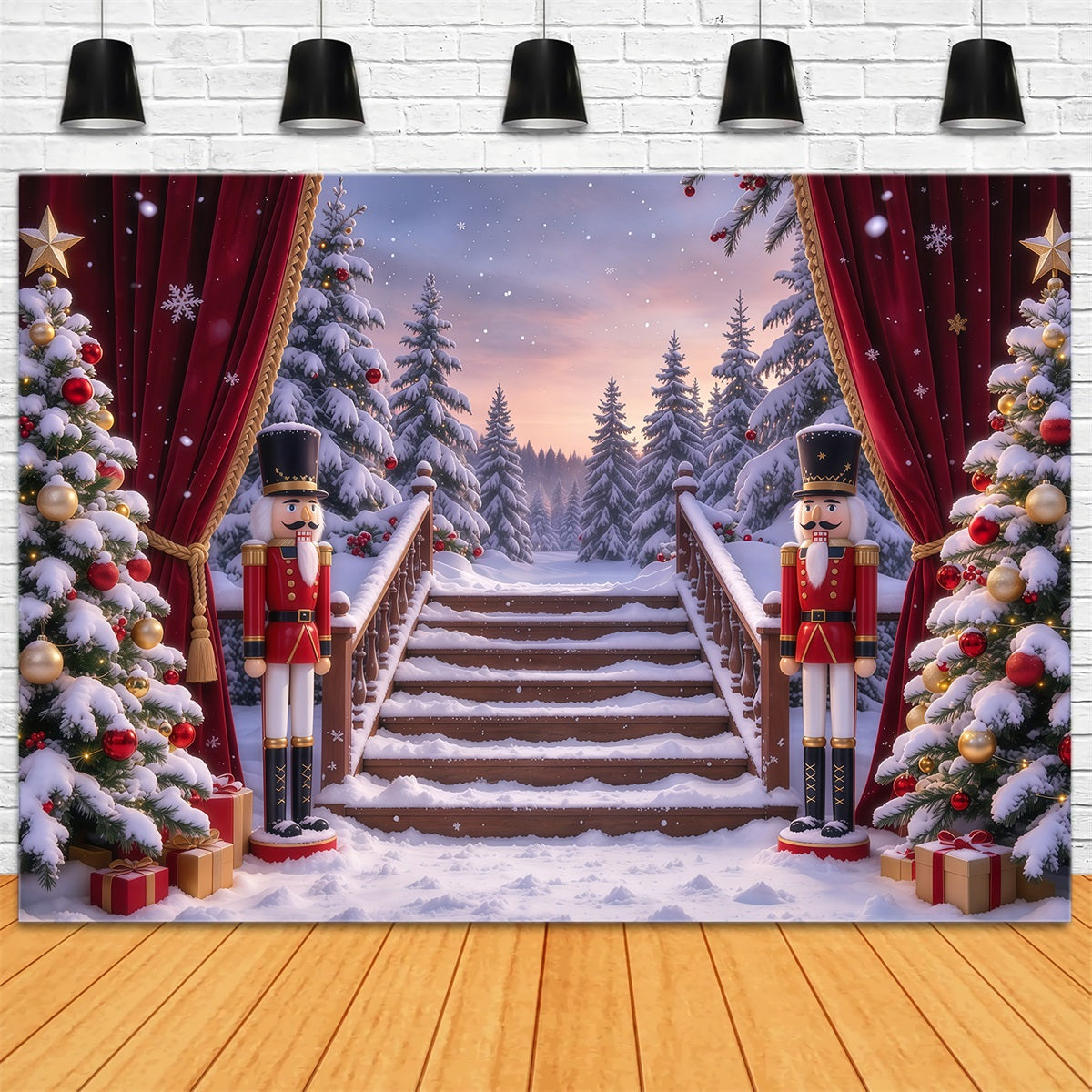 Weihnachtlicher Themenhintergrund Verschneiter Waldeingang Nussknacker Bühne GQ610-59