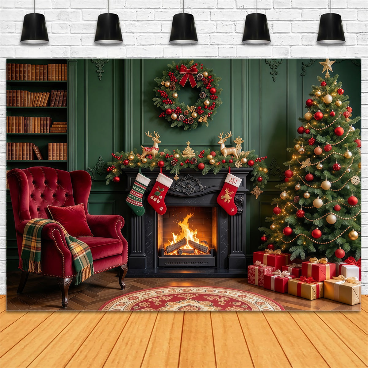 Weihnachtskamin Hintergrund Smaragdgrüner Kamin Weihnachtssocken Lounge GQ610-60