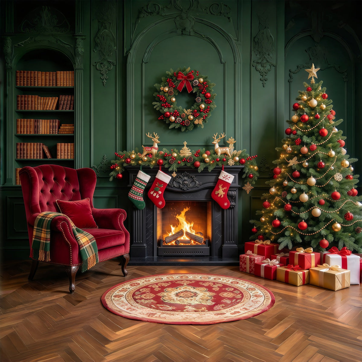 Weihnachtskamin Hintergrund Smaragdgrüner Kamin Weihnachtssocken Lounge GQ610-60