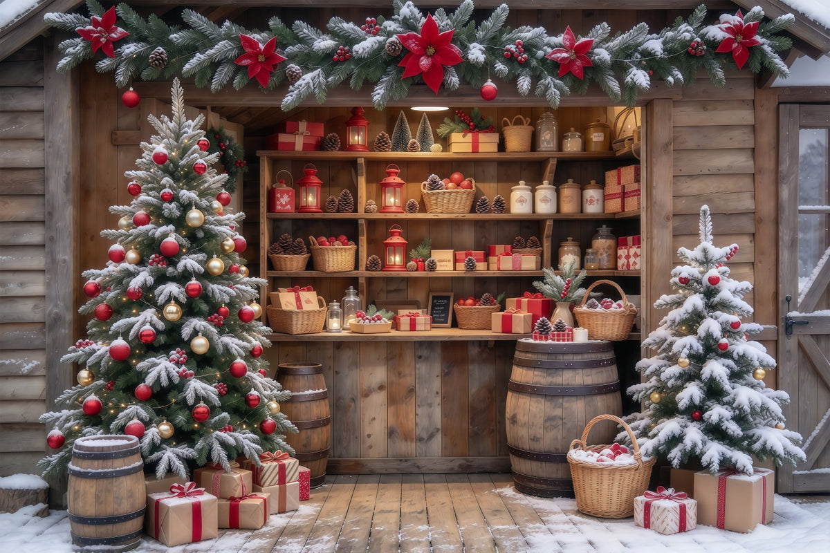 Weihnachtsladen-Hintergrund Verschneiter Rustikaler Geschenkeladen GQ610-65