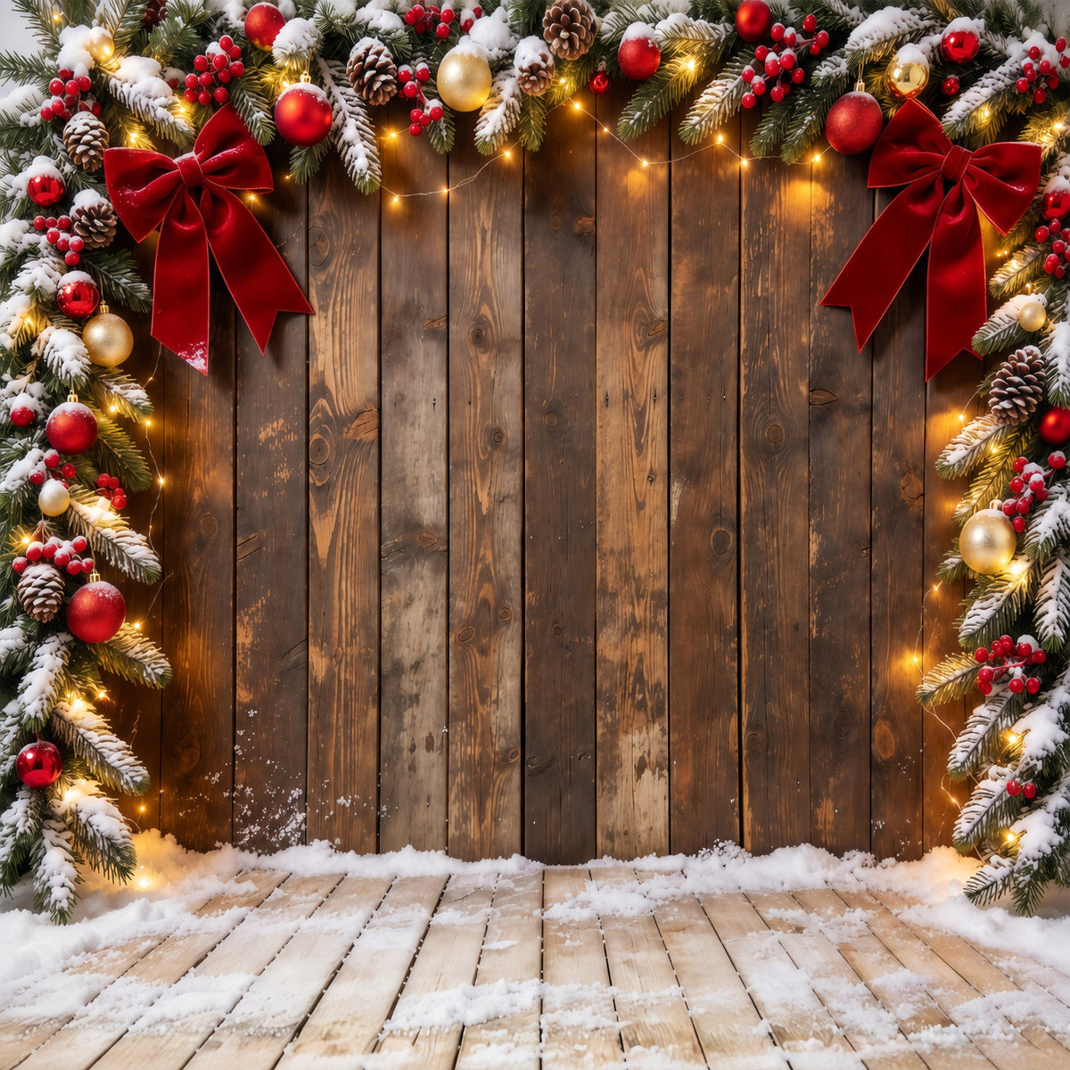 Weihnachtlicher Hintergrund Rustikaler Holzrahmen Schleife Weihnachtskugel GQ610-66