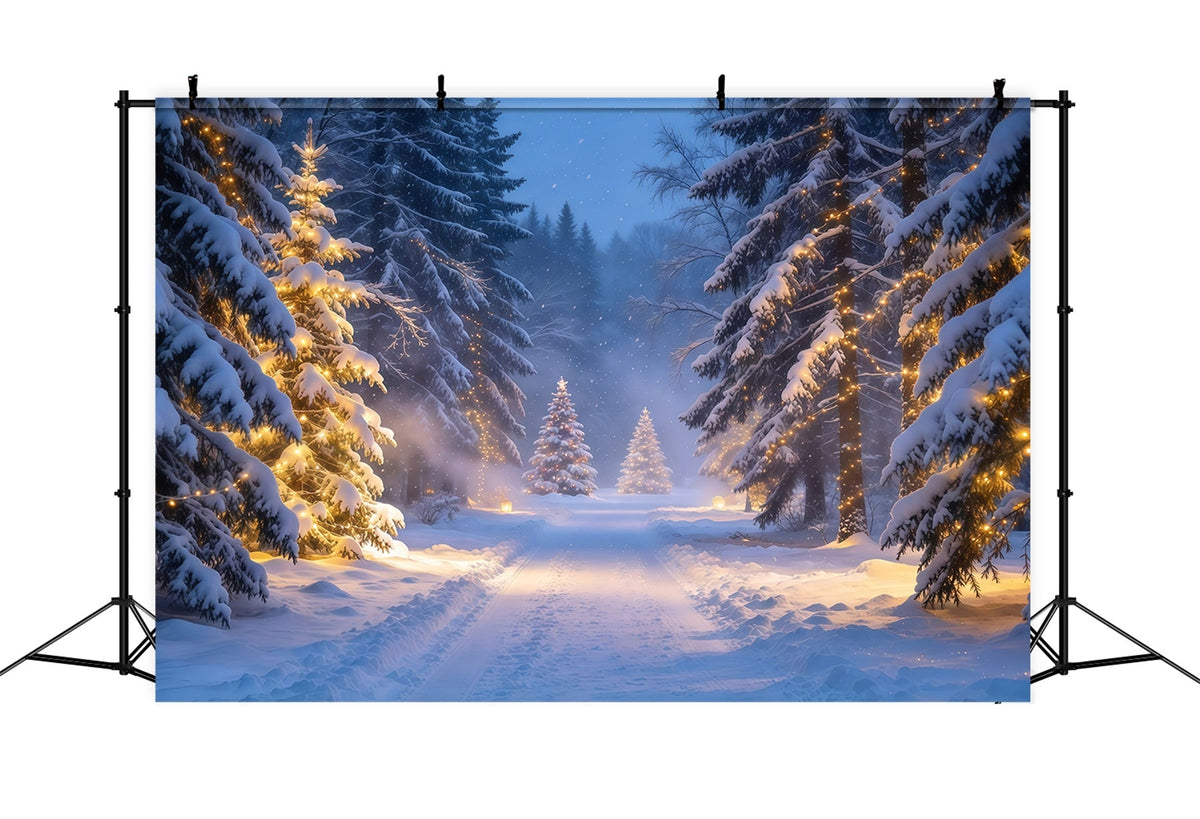 Weihnachtswald-Hintergrund Leuchtender Verschneiter Immergrüner Waldweg GQ610-67