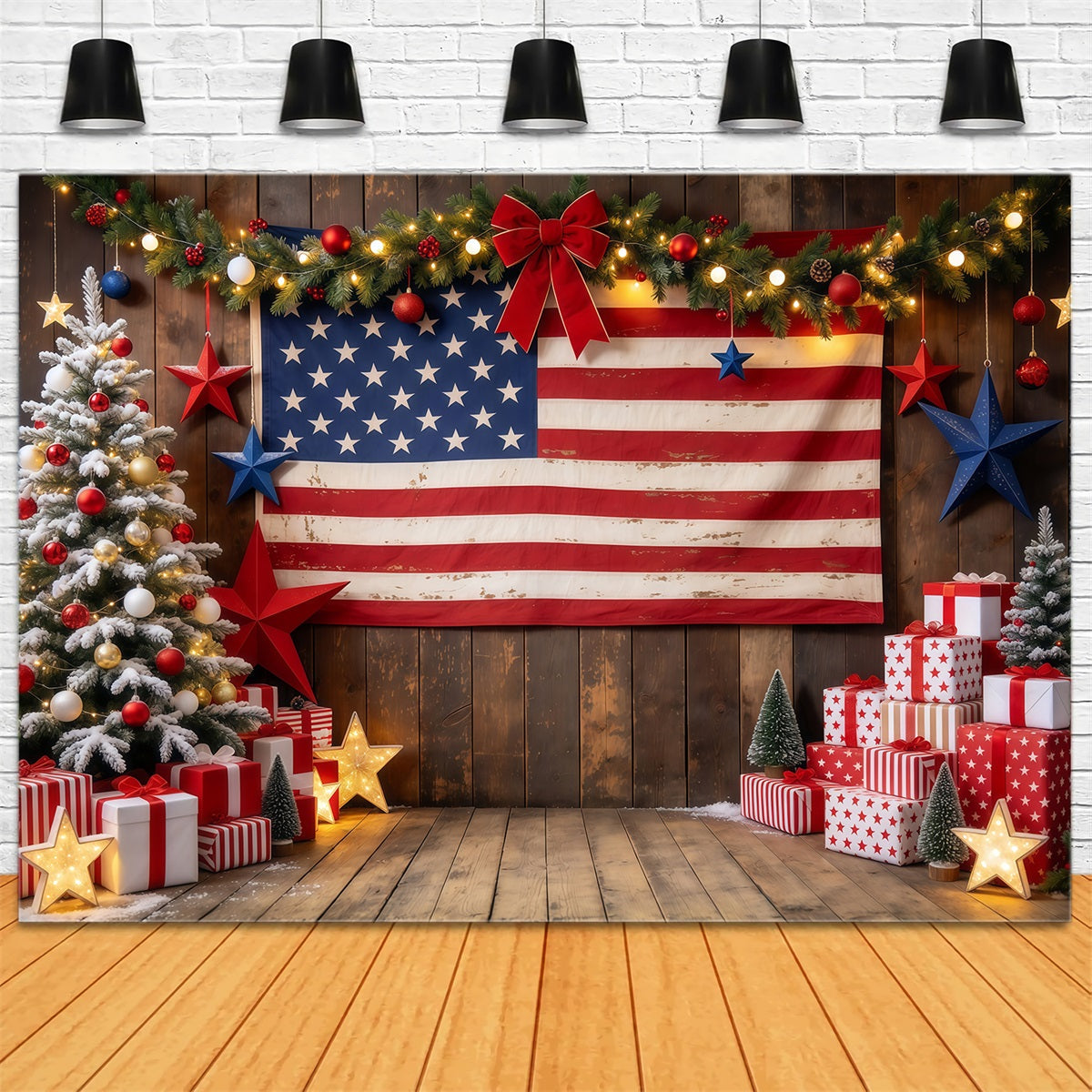 Ländlicher Weihnachtshintergrund Rustikale Flagge Geschenkauslage Weihnachtsbaum GQ610-68