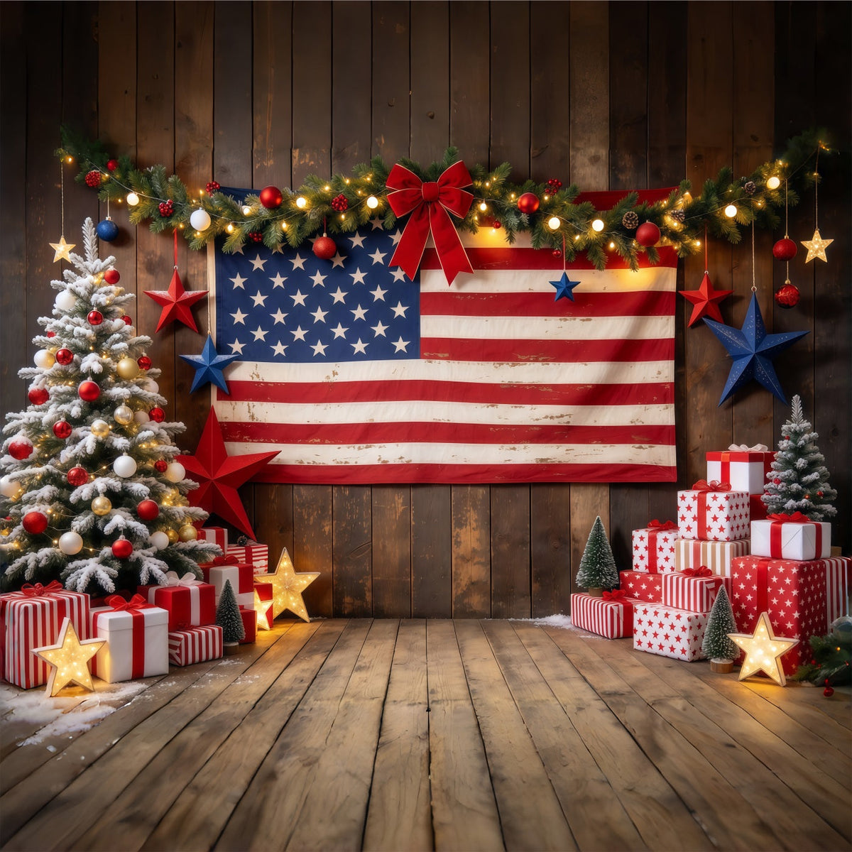 Ländlicher Weihnachtshintergrund Rustikale Flagge Geschenkauslage Weihnachtsbaum GQ610-68