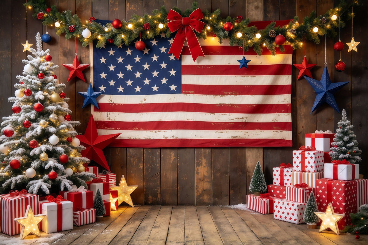 Ländlicher Weihnachtshintergrund Rustikale Flagge Geschenkauslage Weihnachtsbaum GQ610-68