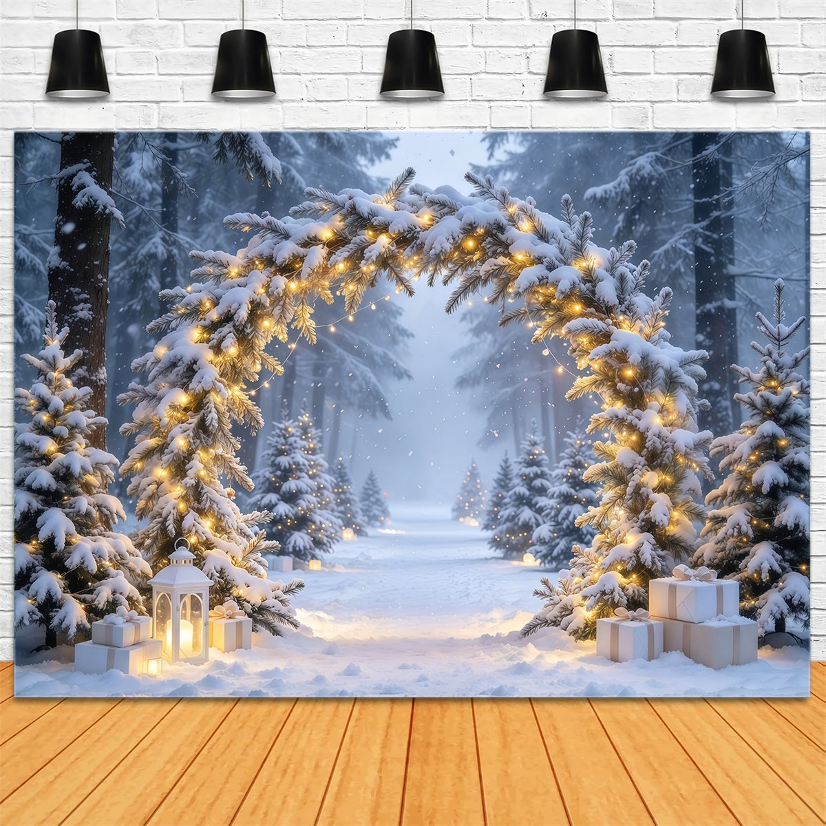 Weihnachtlicher Fotohintergrund Verschneiter Beleuchteter Immergrüner Torbogen GQ610-69