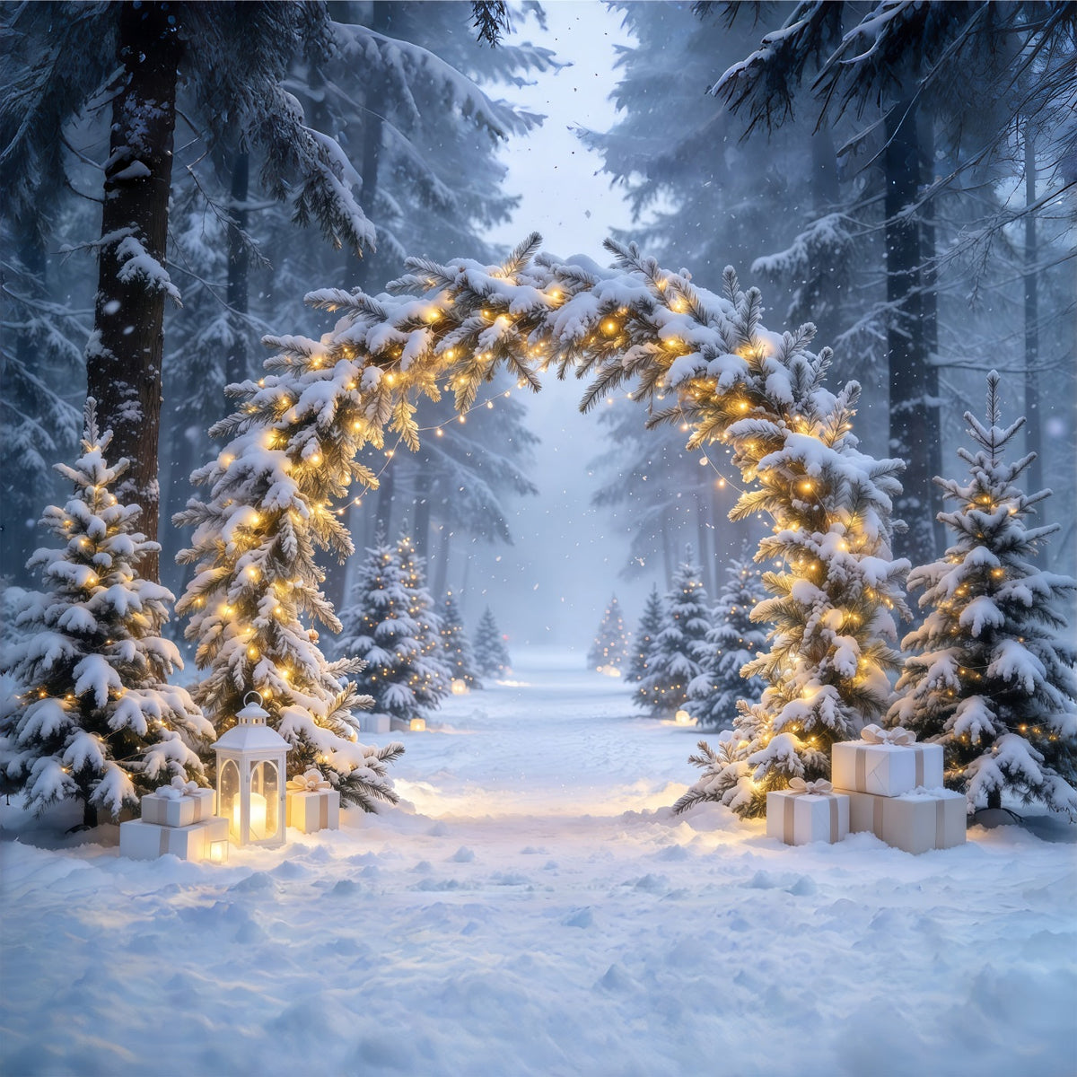 Weihnachtlicher Fotohintergrund Verschneiter Beleuchteter Immergrüner Torbogen GQ610-69