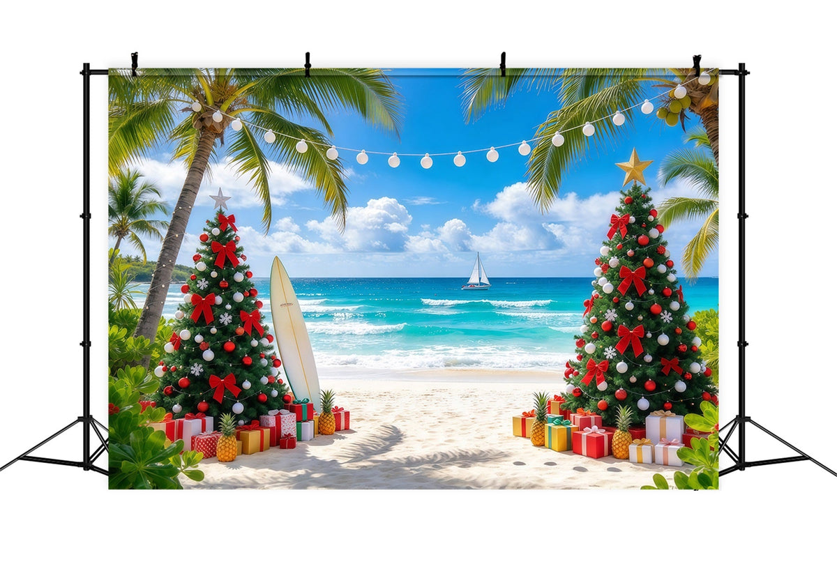 Tropischer Weihnachtshintergrund Palme Meer Strand Surfbrett GQ610-7
