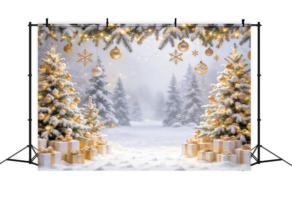 Weihnachtlicher Fotohintergrund Goldene Kugeln Verschneiter Wald GQ610-71