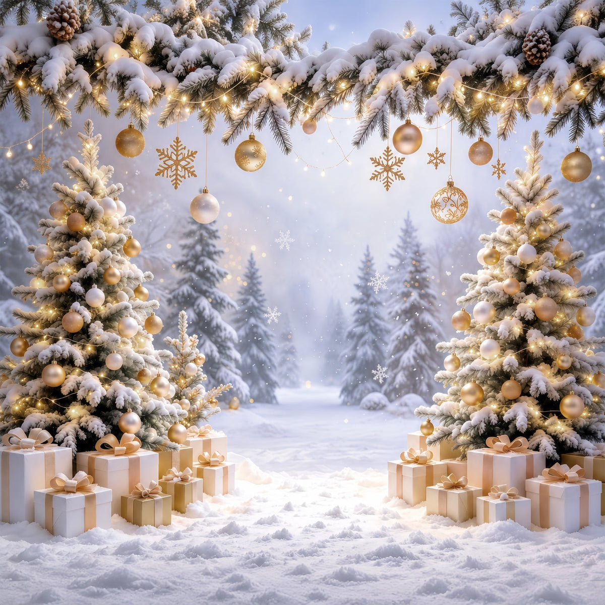 Weihnachtlicher Fotohintergrund Goldene Kugeln Verschneiter Wald GQ610-71