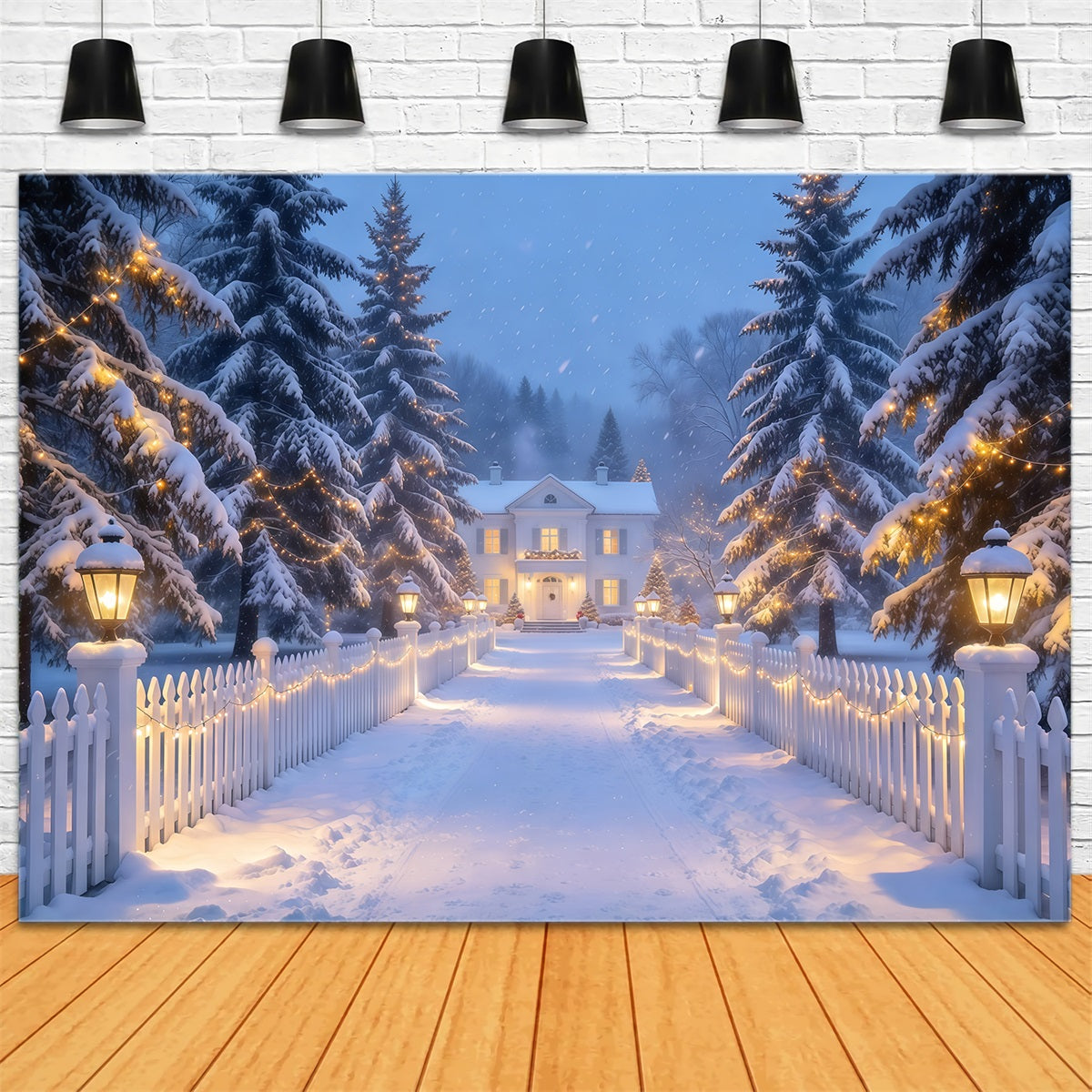Weihnachtslichter-Fotohintergrund Verschneiter Laternenweg Mit Lattenzaun GQ610-72