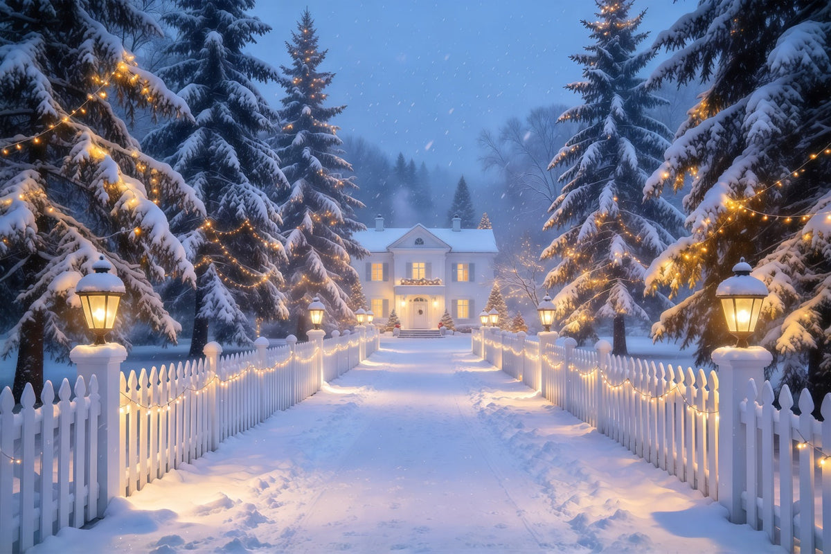 Weihnachtslichter-Fotohintergrund Verschneiter Laternenweg Mit Lattenzaun GQ610-72