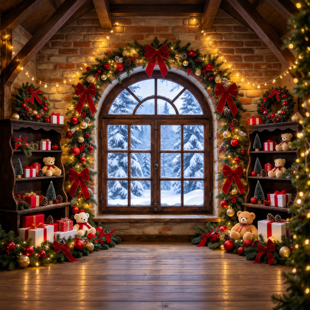 Weihnachtsfenster-Hintergrund Rustikales Spielzimmer Innenraum GQ610-74