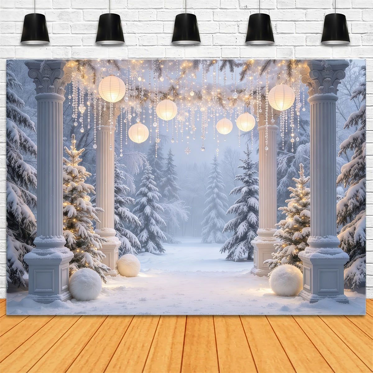 Weihnachtswald-Hintergrund Verschneiter Säulenbogen Mit Laternen GQ610-77