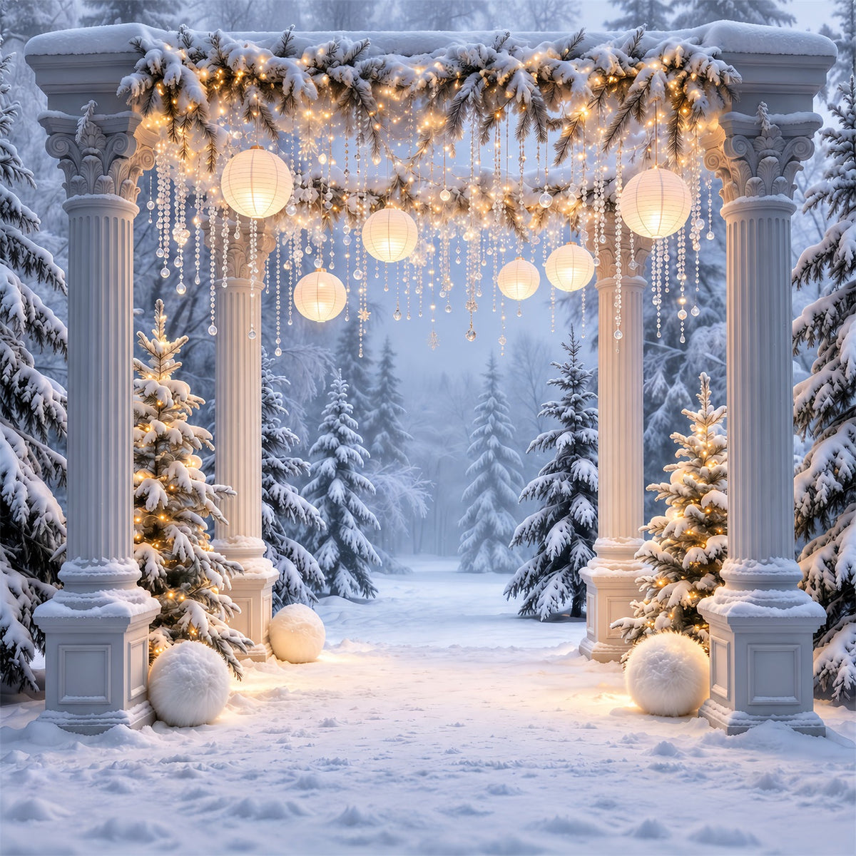 Weihnachtswald-Hintergrund Verschneiter Säulenbogen Mit Laternen GQ610-77