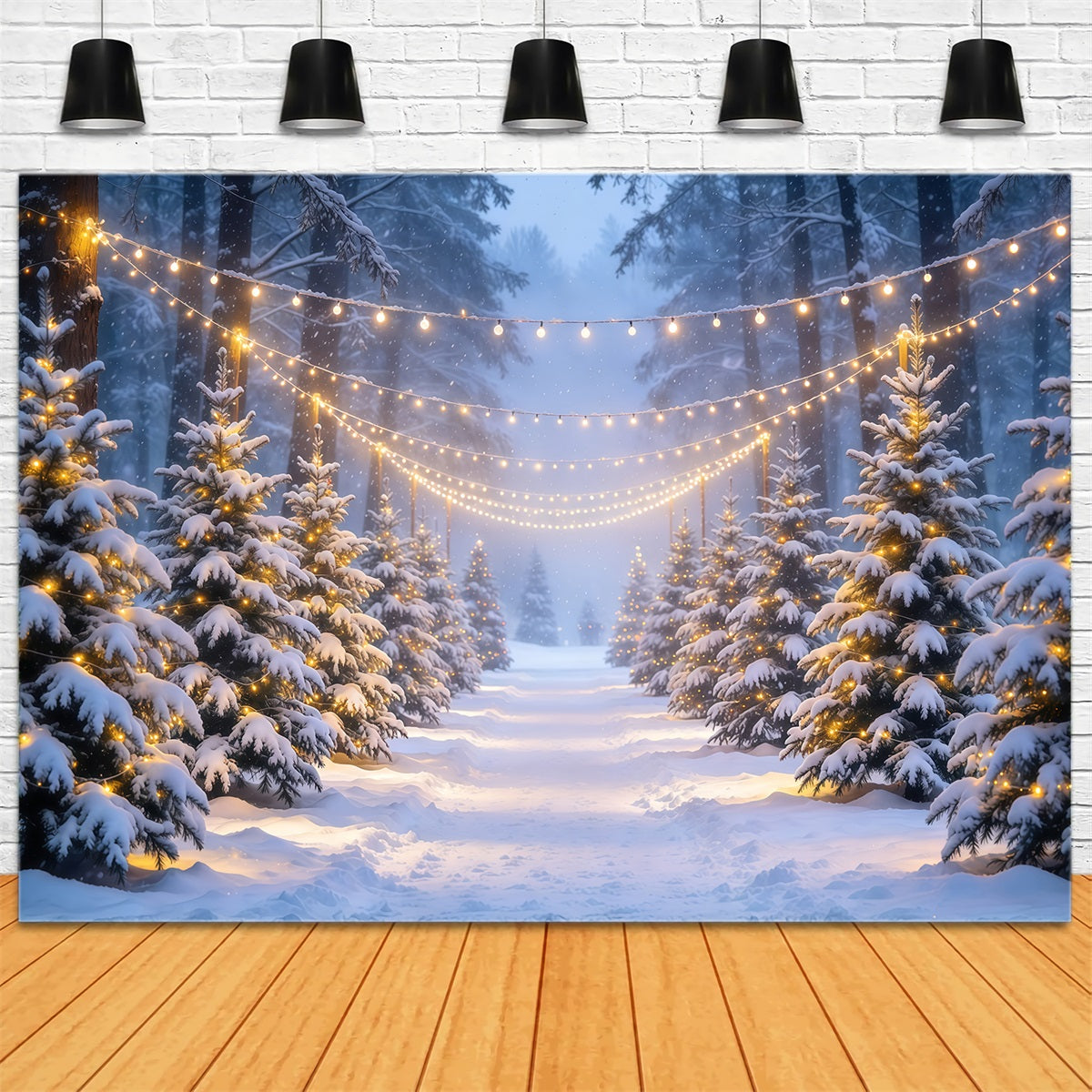Weihnachtswald-Hintergrund Verschneiter Wald Leuchtende Lichter GQ610-80