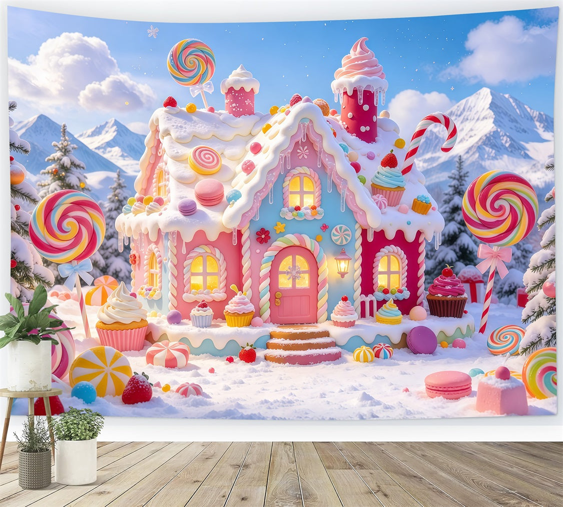 Lebkuchenhaus-Hintergrund Verschneites Pastellfarbenes Süßigkeitenhaus GQ610-82
