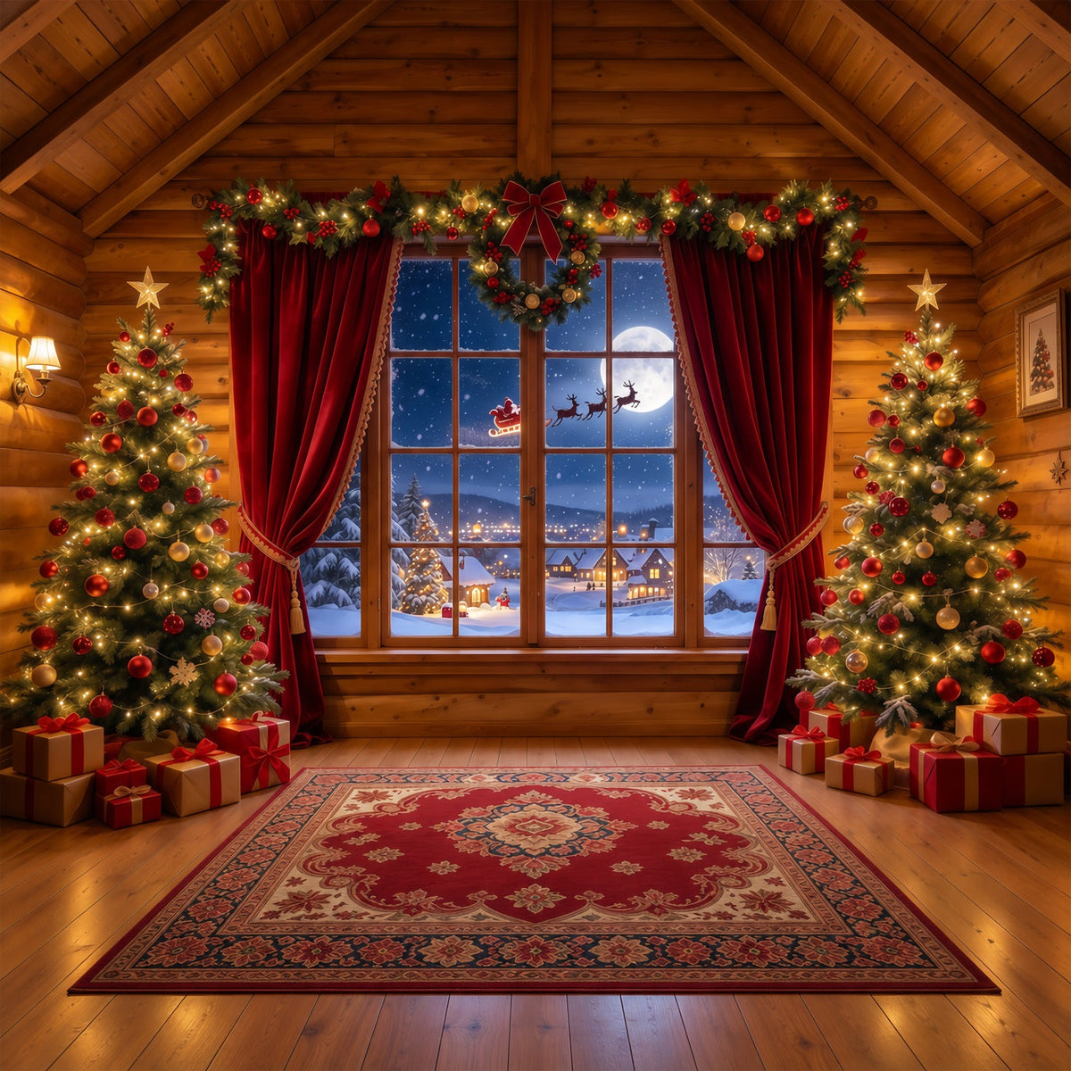 Santa-Hintergrund Rustikale Hütte Santa-Fenster GQ610-83
