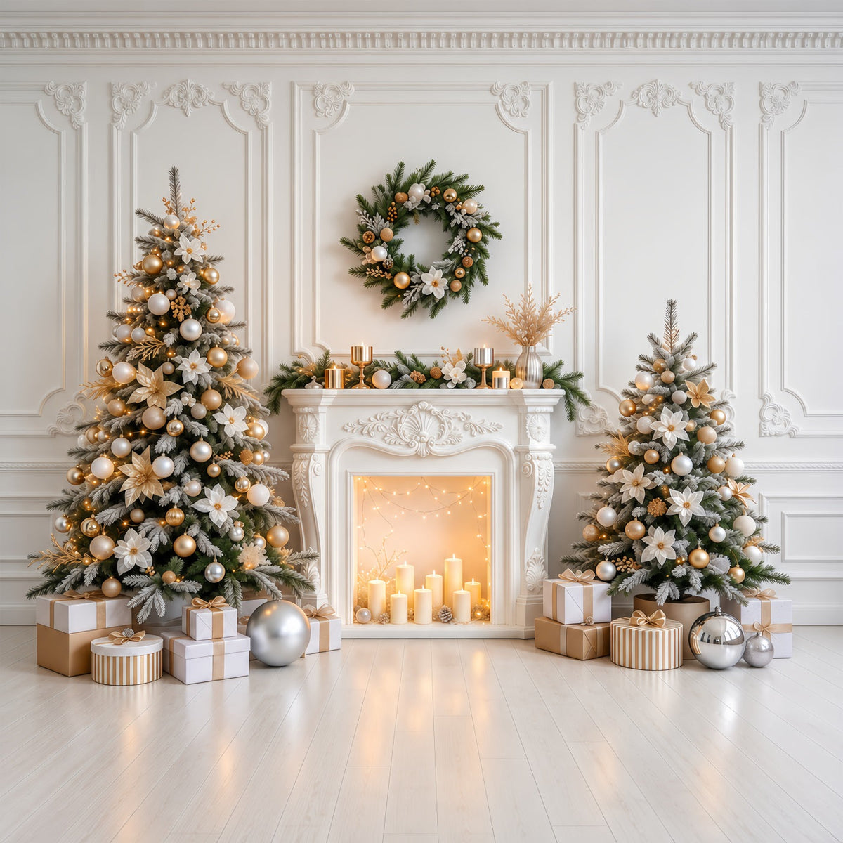 Weihnachtlicher Fotohintergrund Eleganter Weiß-Goldener Kamin GQ610-84