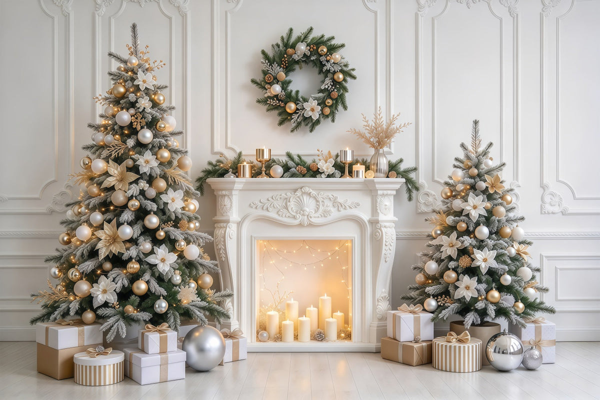 Weihnachtlicher Fotohintergrund Eleganter Weiß-Goldener Kamin GQ610-84
