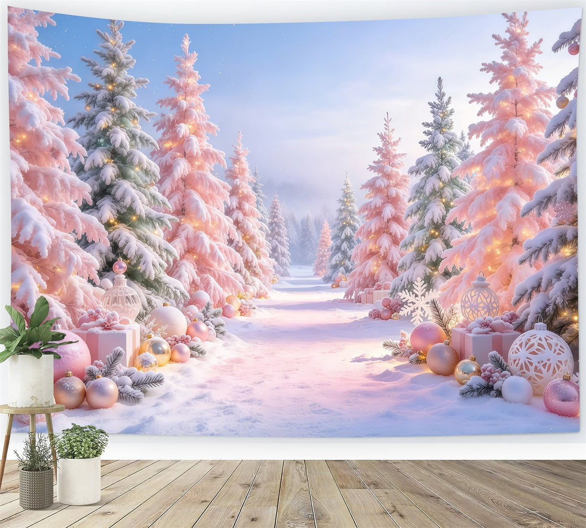 Weihnachtsbaum-Hintergrund Zartrosa Kugeln Waldkulisse GQ610-85