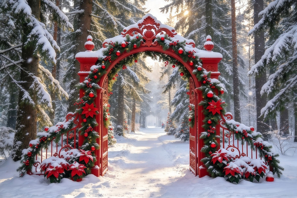 Verschneiter Weihnachtshintergrund Verzierte Rote Girlanden-Toreinfahrt GQ610-87
