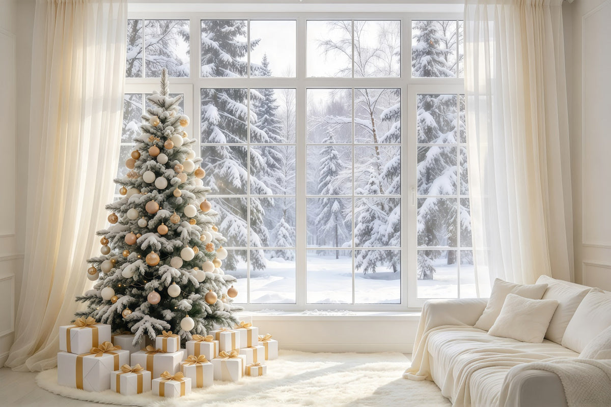 Weißer Weihnachtshintergrund Elfenbein-Goldenes Fenster Winteridylle GQ610-88