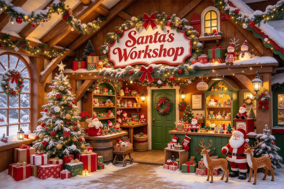 Weihnachtlicher Werkstatthintergrund Holzregal Spielzeugauslage GQ610-9