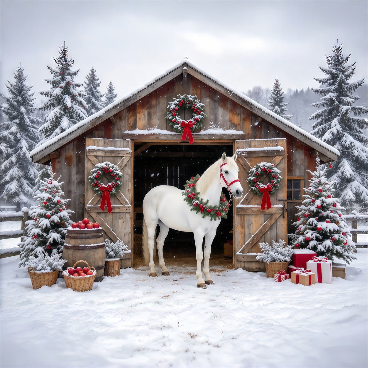 Western-Weihnachtshintergrund Weißes Pferd Rustikale Scheune GQ610-92