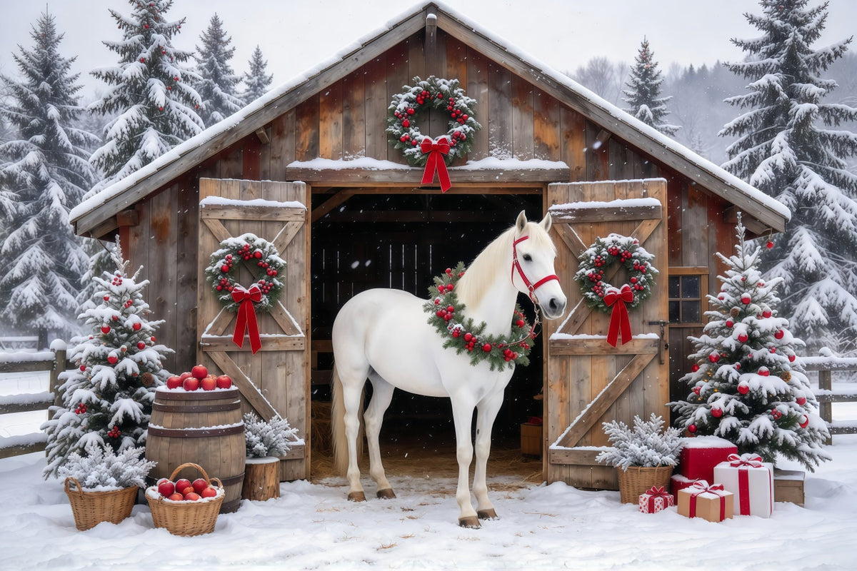 Western-Weihnachtshintergrund Weißes Pferd Rustikale Scheune GQ610-92