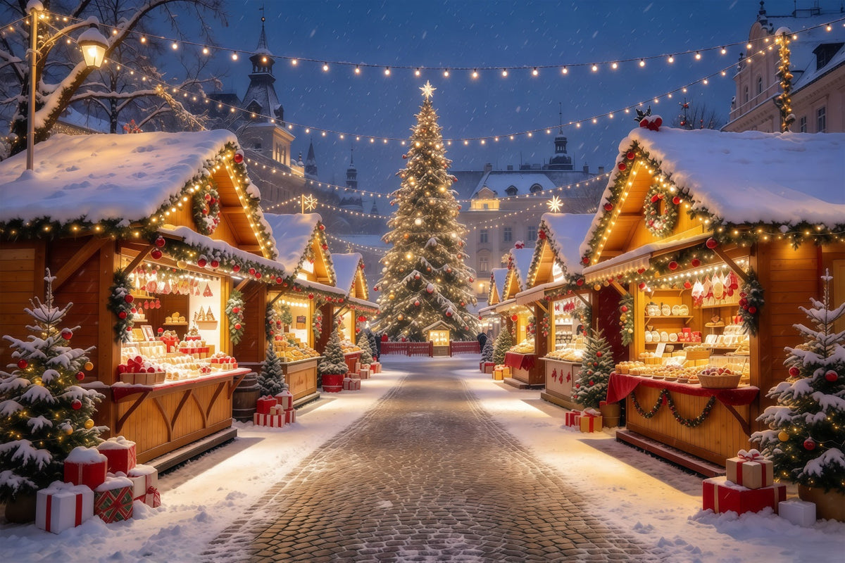 Weihnachtsstadt-Hintergrund Beleuchtete Alpine Marktstände GQ610-95