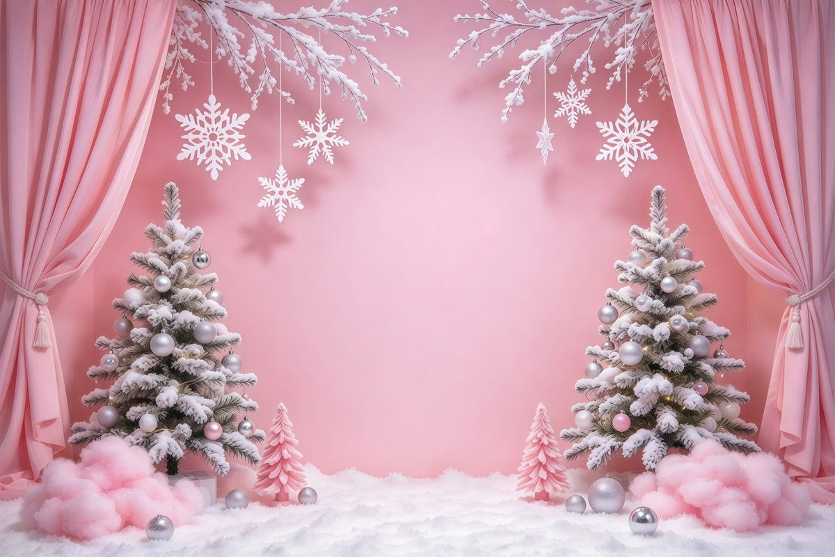 Winterlicher Weihnachtshintergrund Rosa Vorhang Schneeflocken-Wunderland GQ610-96