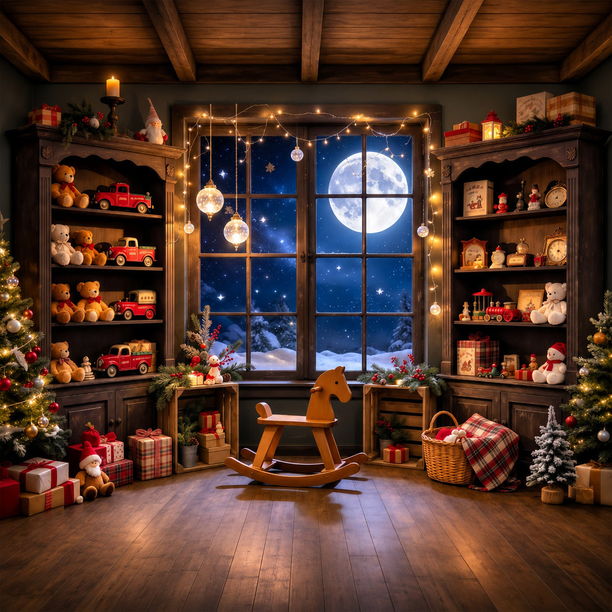 Weihnachtlicher Werkstatt-Hintergrund Mondbeschienene Spielzimmer-Fensterauslage GQ610-97