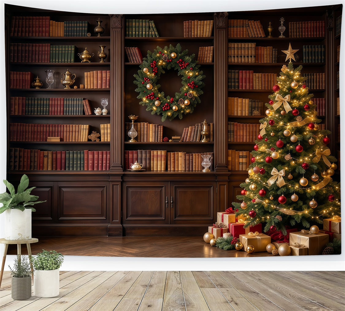 Viktorianischer Weihnachtshintergrund Klassische Bibliothek Weihnachtsbaum-Auslage GQ610-98