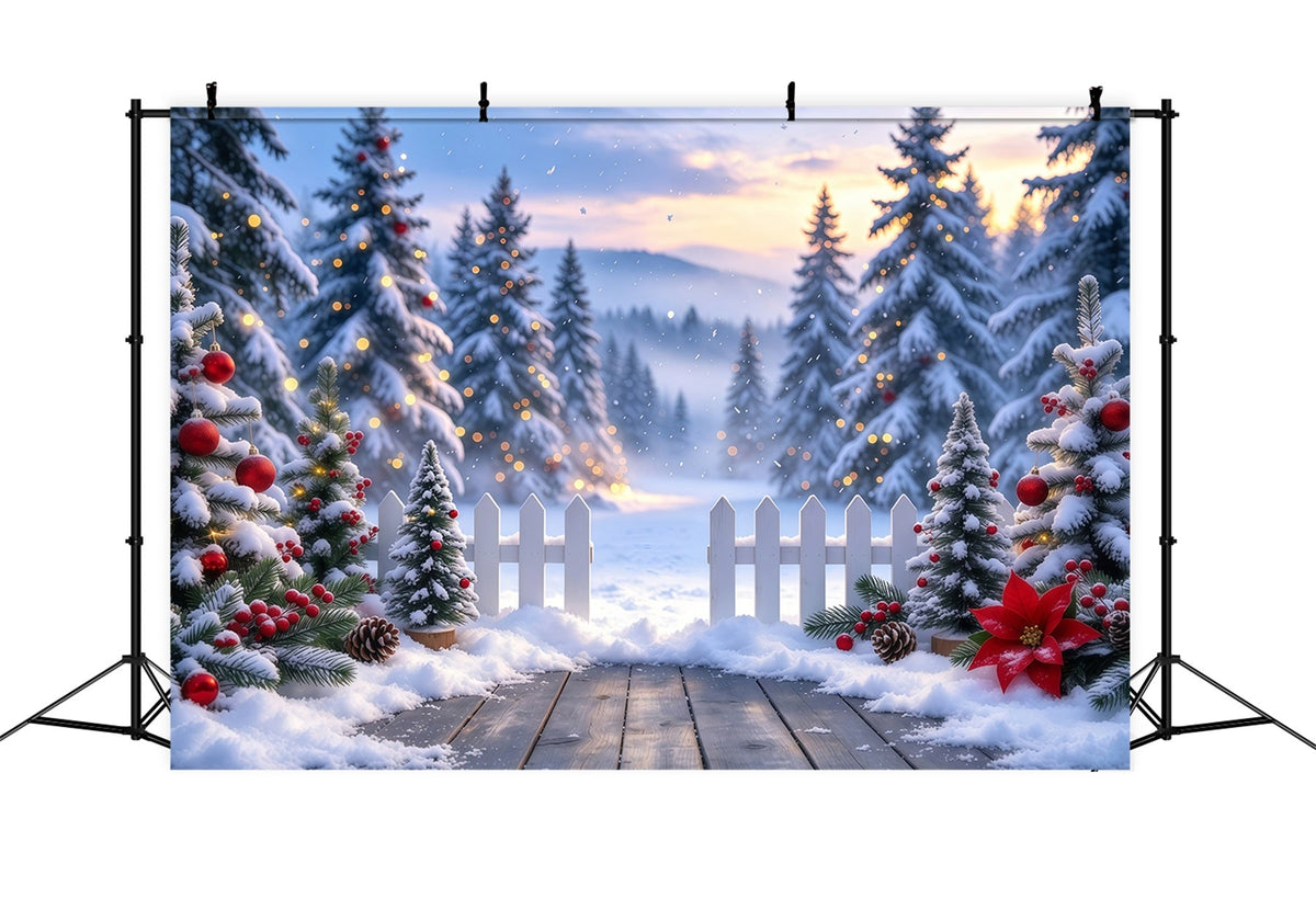 Weihnachtswald-Hintergrund Verschneiter Lattenzaun Eingang GQ610-99