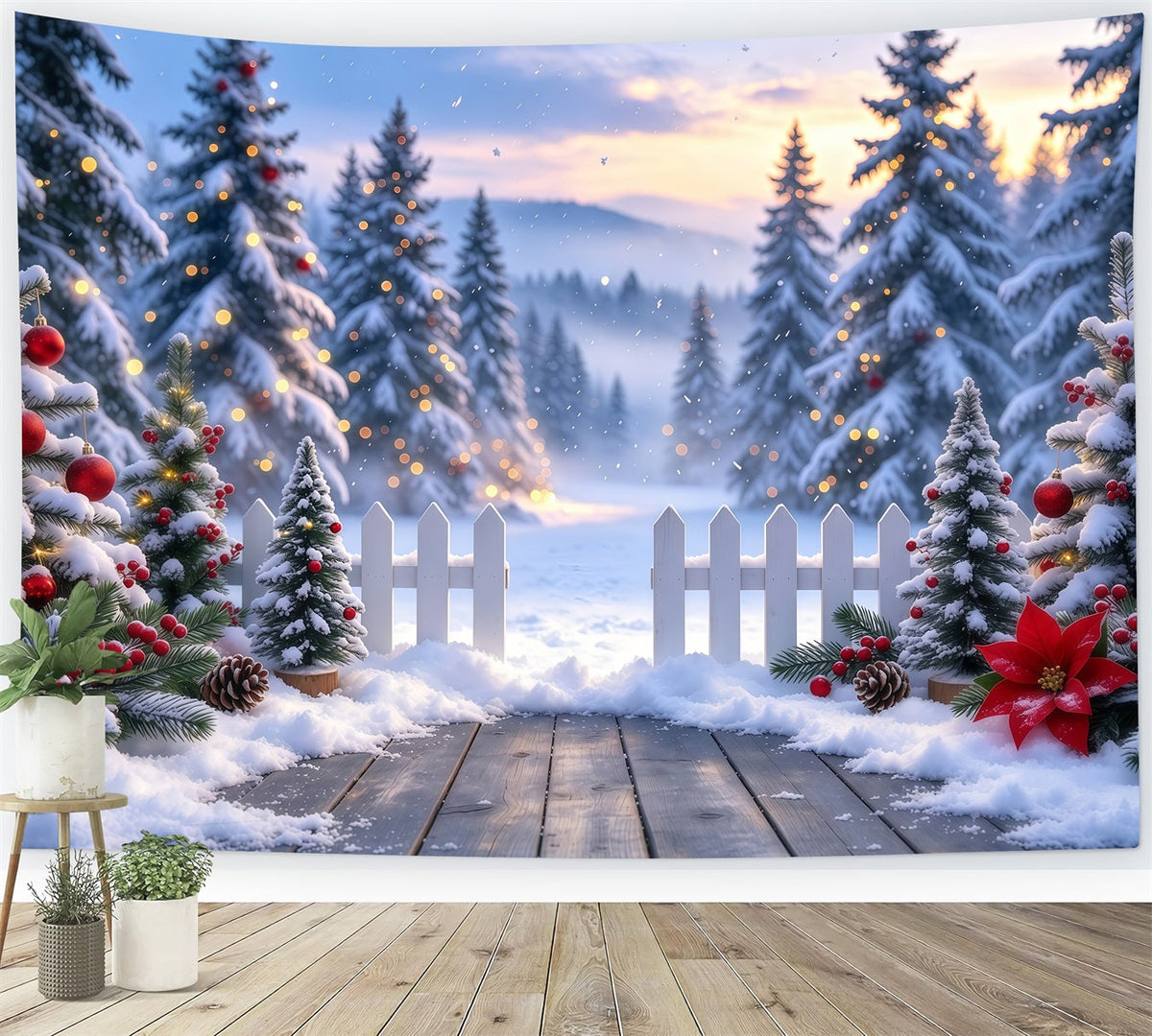 Weihnachtswald-Hintergrund Verschneiter Lattenzaun Eingang GQ610-99