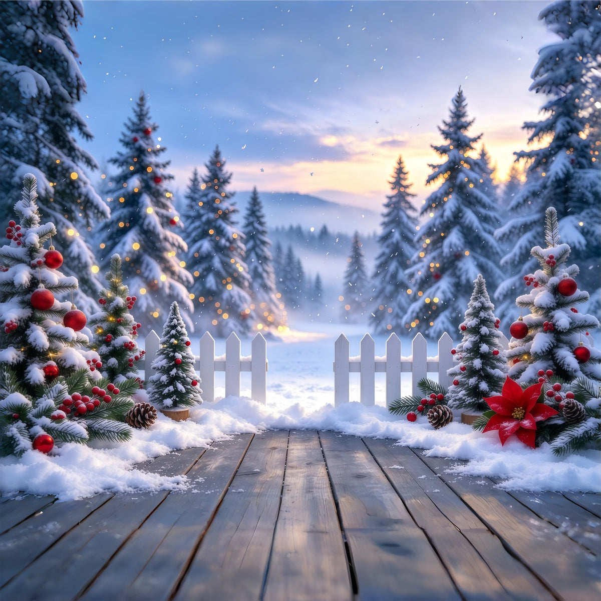 Weihnachtswald-Hintergrund Verschneiter Lattenzaun Eingang GQ610-99
