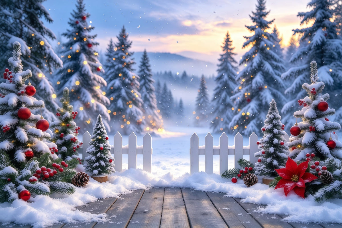 Weihnachtswald-Hintergrund Verschneiter Lattenzaun Eingang GQ610-99