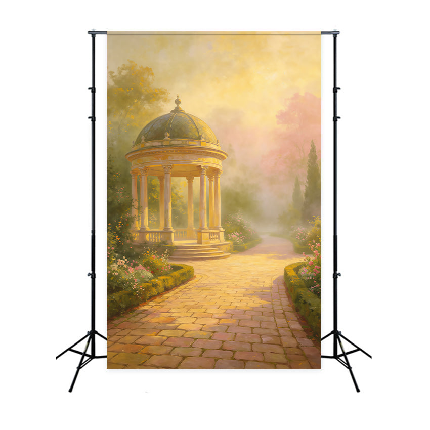 Hintergrund für Porträtfotografie: Goldener Nebel, Gartenpavillon, Weg, abstrakter Hintergrund GQ64-34