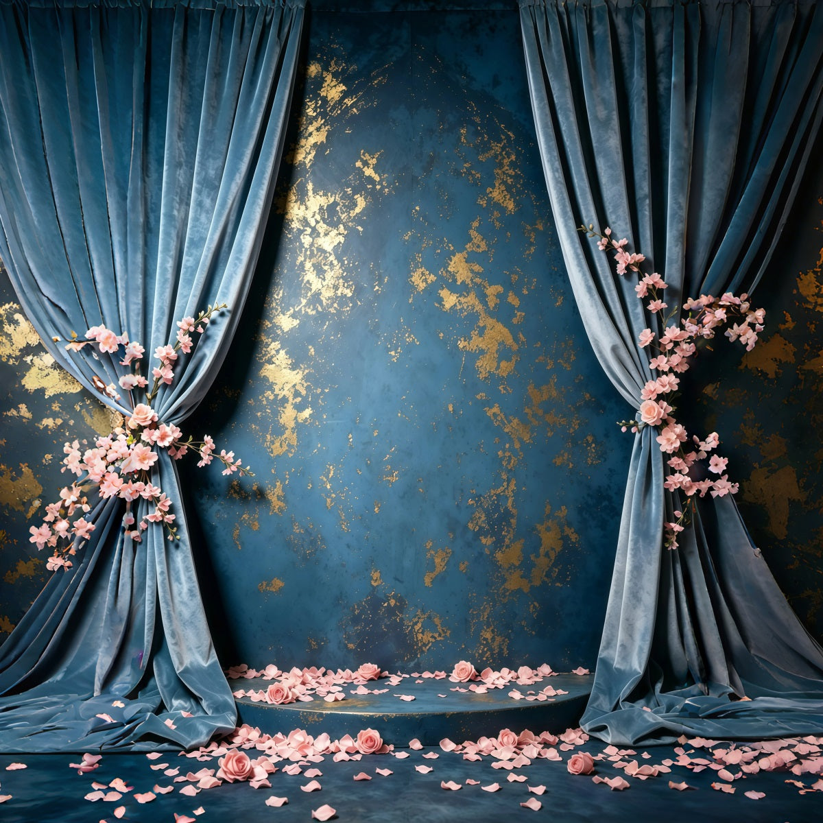 Blaue und goldene Hintergrundwand mit Samtflecken und Rosen, abstrakte Fotohintergründe GQ64-37