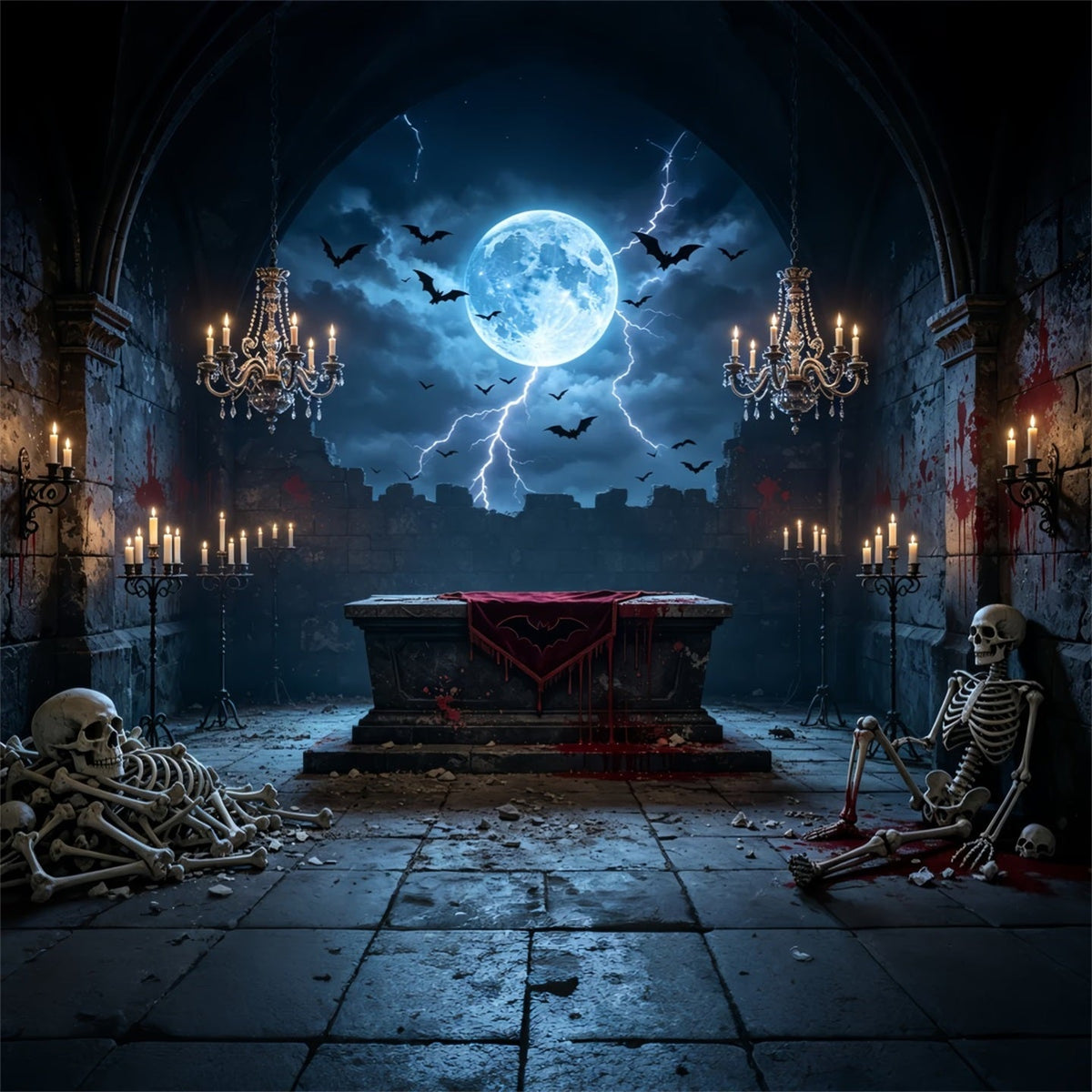 Vampir-Kulisse Mondbeschienener Blutiger Skelettaltar Halloween-Kulisse Für Fotografie GQ67-100