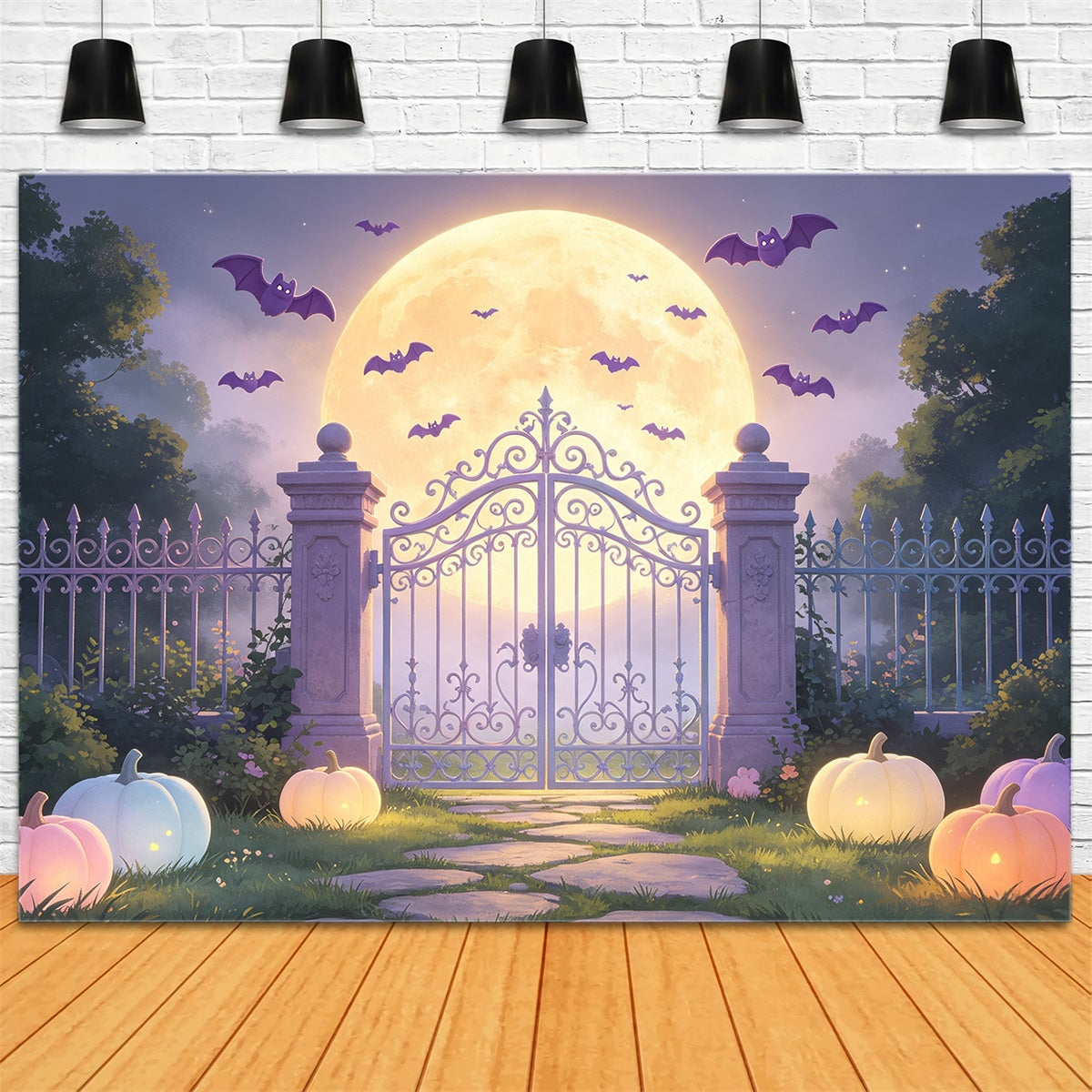 Fledermaushöhlen-Hintergrund Pastellfarbenes Mondbeschienenes Gartentor Pastellfarbener Halloween-Hintergrund GQ67-104