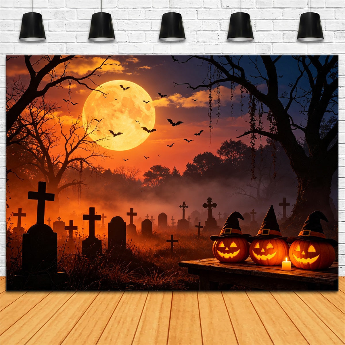 Fledermaushöhlen-Hintergrund Sonnenuntergang Hexe Kürbis Friedhof – Fotohintergründe Für Halloween GQ67-105