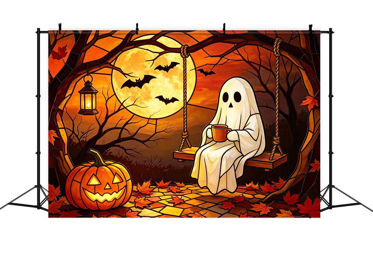 Hintergrund Geister-Buntglas Gemütliche Mondschein-Kürbisschaukel Halloween-Fotokabinen-Hintergrund GQ67-111