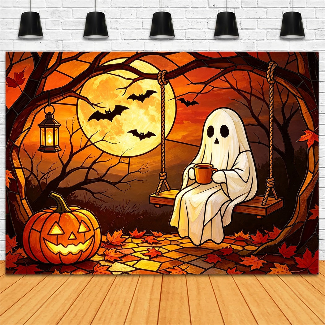 Hintergrund Geister-Buntglas Gemütliche Mondschein-Kürbisschaukel Halloween-Fotokabinen-Hintergrund GQ67-111