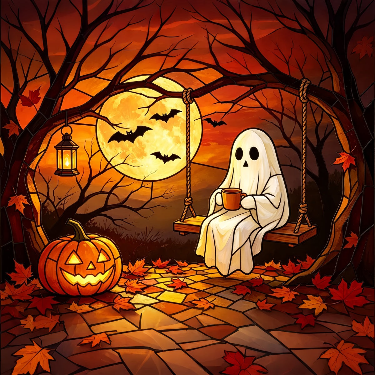 Hintergrund Geister-Buntglas Gemütliche Mondschein-Kürbisschaukel Halloween-Fotokabinen-Hintergrund GQ67-111
