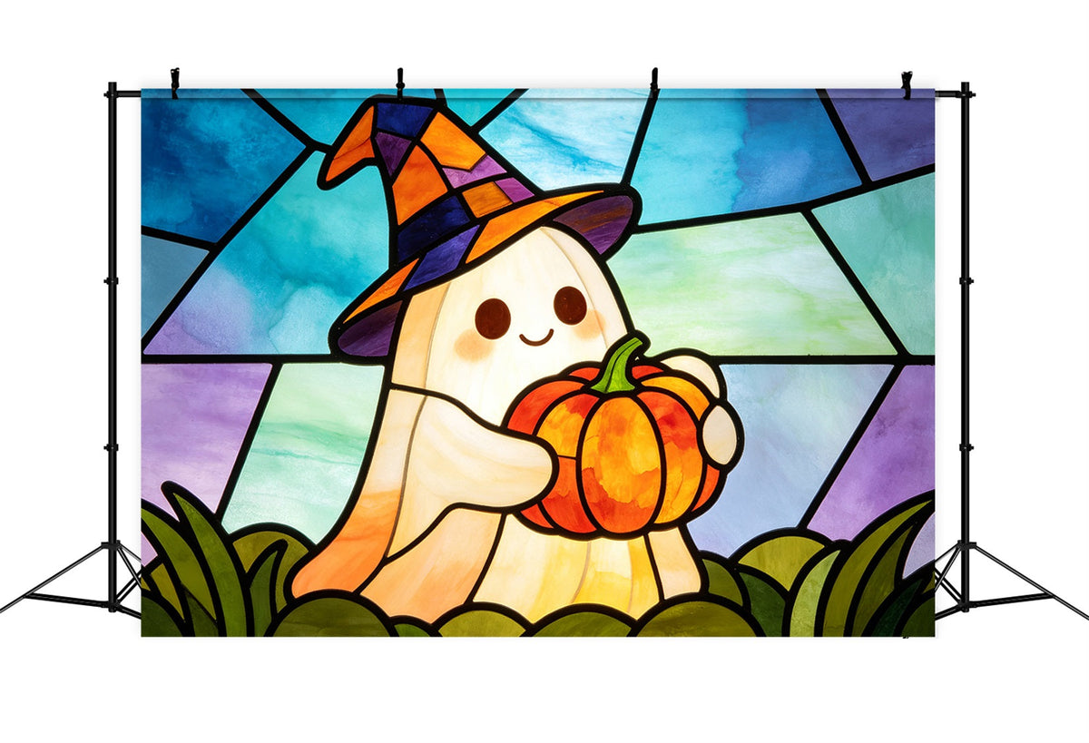 Buntglas-Hintergrund Wandteppich Geist Süße Hexe Kürbis Halloween-Selfie-Hintergrund GQ67-112