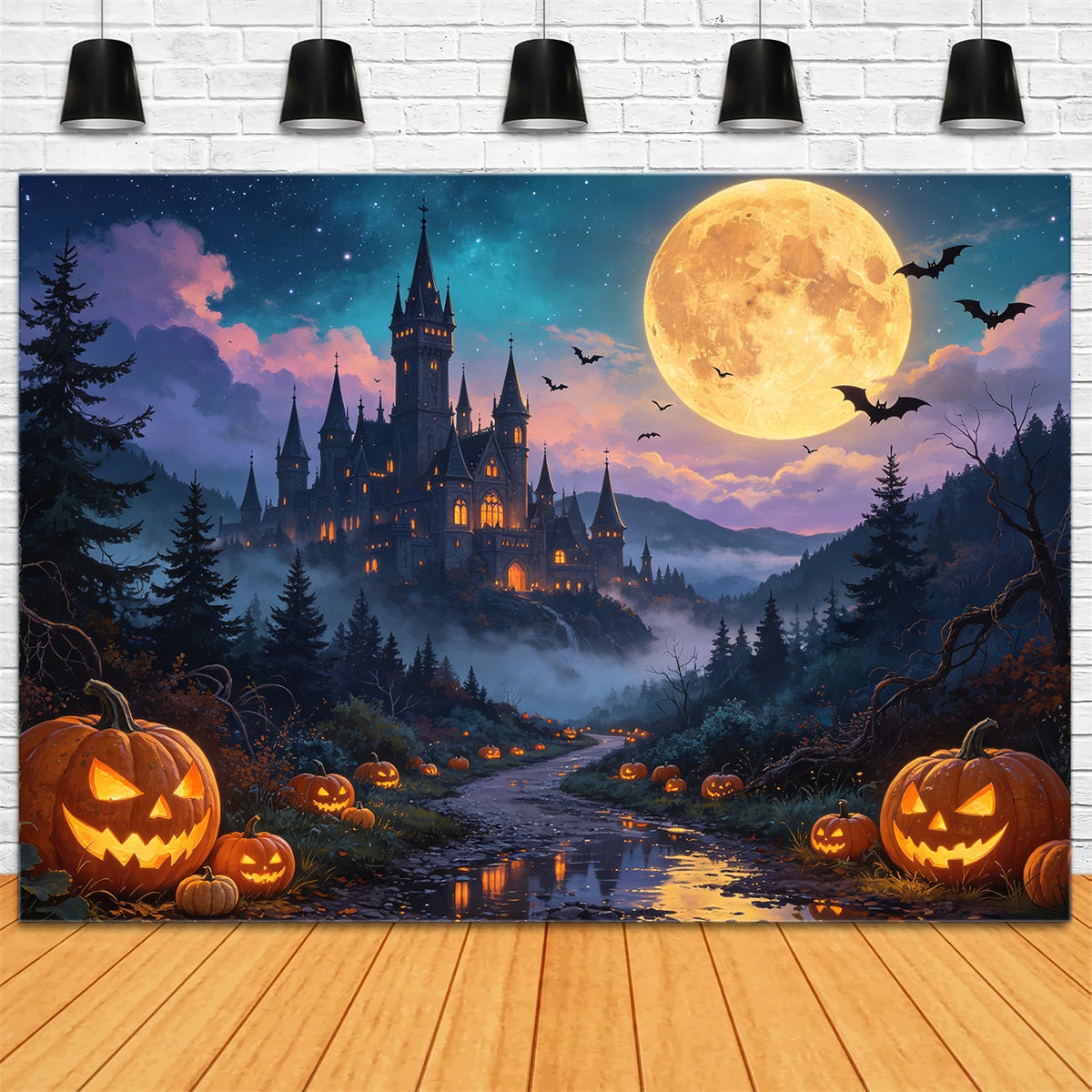 Halloween-Kürbis-Kulisse Mondbeschienene Kürbisburg Tal Mit Geistermotiven GQ67-79