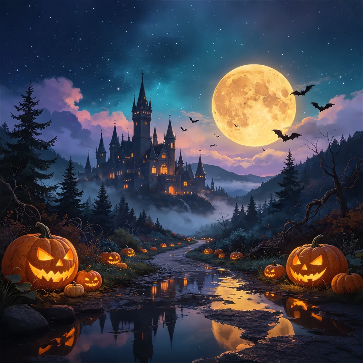 Halloween-Kürbis-Kulisse Mondbeschienene Kürbisburg Tal Mit Geistermotiven GQ67-79