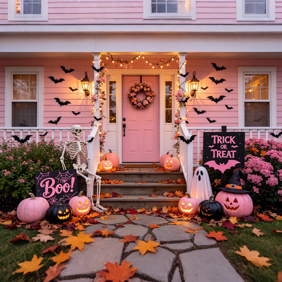 Hintergrund Mit Rosa Kürbissen Rosa Skelett-Veranda-Dekoration Vintage-Halloween-Hintergrund GQ67-80